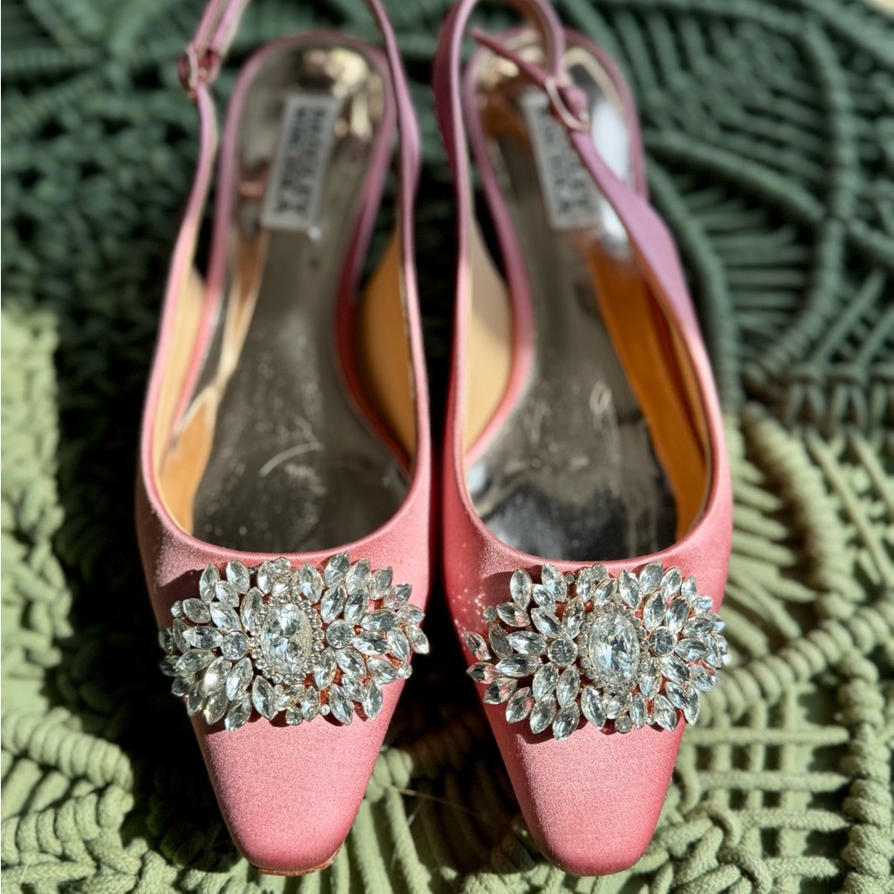 Badgley Mischka Pink Satin Heels with Crystal Embellishment